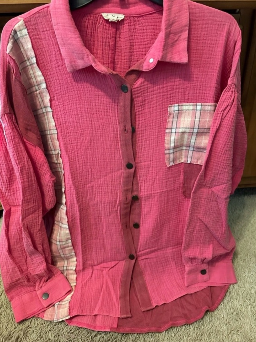 Pol, size large. Pink Gauze Button-Up Shirt with Plaid Accents